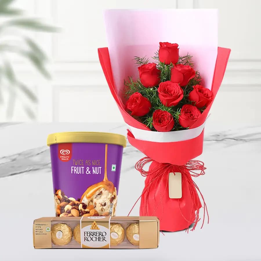 Splendid Roses with Kwality Walls Fruit n Nut Ice Cream n Ferrero Rocher