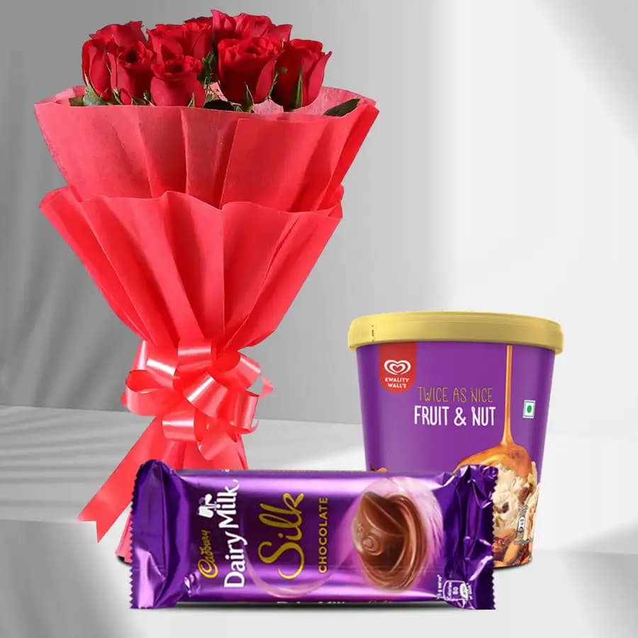 Dazzling Roses with Fruity N Nutty Kwality Walls Ice Cream N Cadbury Chocolate