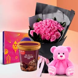 Charming Roses with Kwality Walls Choco Brownie Ice Cream Cadbury Celebration N Teddy 1