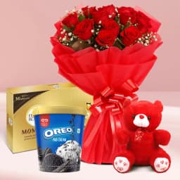 Gorgeous Roses with Kwality Walls Oreo Ice Cream Ferrero Moments n Teddy 1