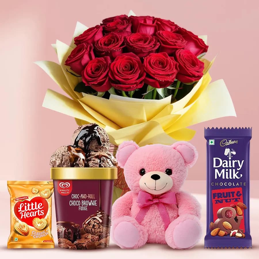 Wonderful Roses with Kwality Walls Choco Brownie Ice Cream Little Heart Teddy n Cadbury Fruit n Nut