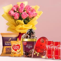 Lovely Goodies Hamper with Roses N Kwality Walls Ice Cream 1