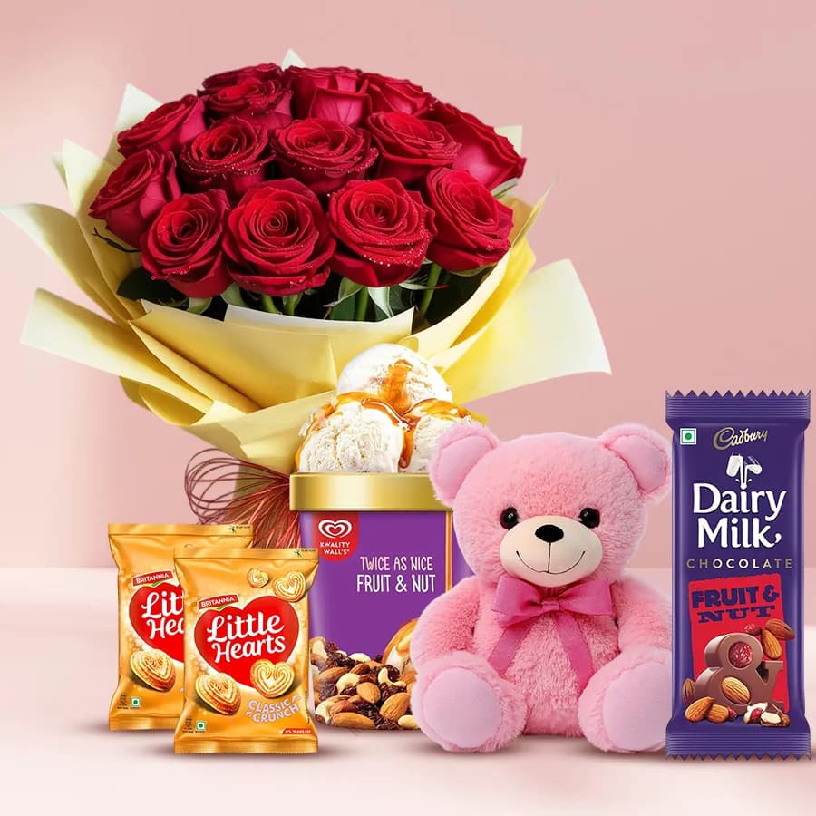 Splendid Roses Kwality Walls Ice Cream Teddy n Goodies Hamper