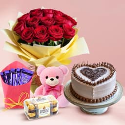 Hearty Chocolate Cake Ferrero Rocher Roses Teddy N Chocolates Combo 1