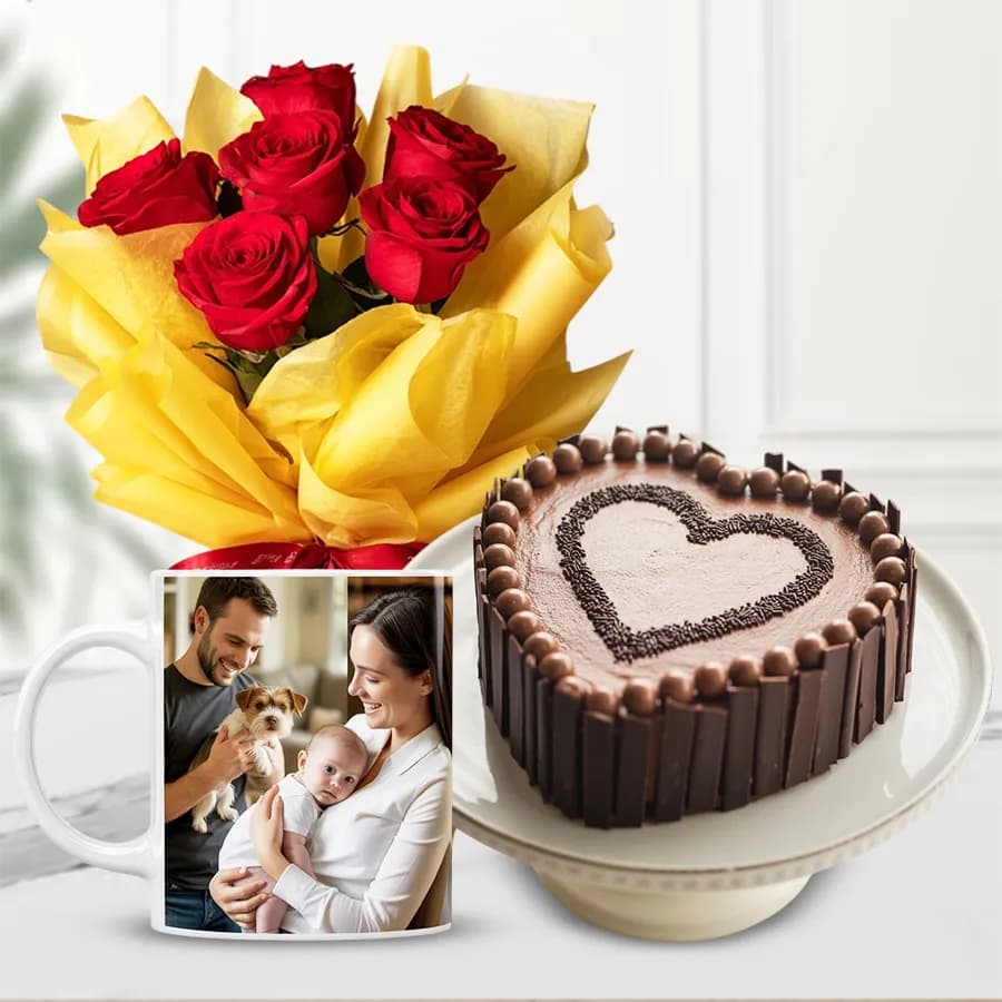 Spectacular Personalized Mug Red Roses n Love Chocolate Cake Gift Combo