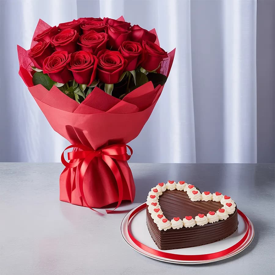 Pristine Bouquet of Red Roses in Tissue Wrap with Love Chocolate Cake