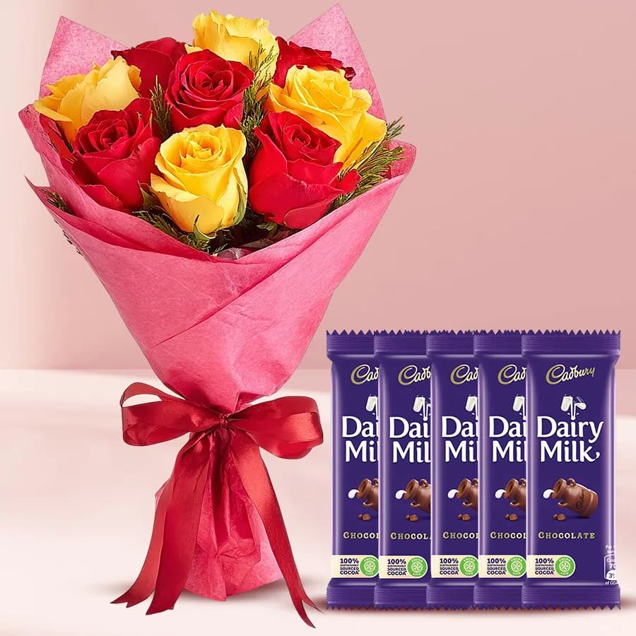 Cheerful Selection of Mixed Roses Bouquet n Cadbury Dairy Milk