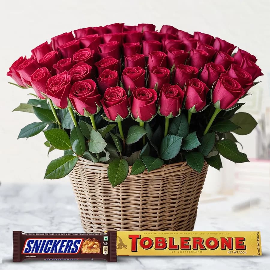 Alluring Red Roses Arrangement with Snickers n Toblerone