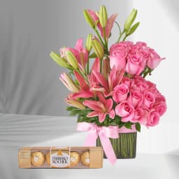 Pink Precision Mixed Flowers in Vase with Ferrero Rocher 1