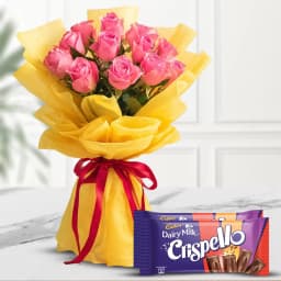 Splendid Pink Roses Bouquet with Cadbury Crispello Choco Bar 1