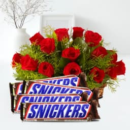 Gorgeous Red Roses Basket n Snickers Peanut Chocolate Bar Gift Combo 1