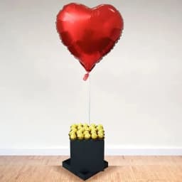 Magnificent Display of Heart Shape Foil Balloon with Ferrero Rocher in Black Box 1