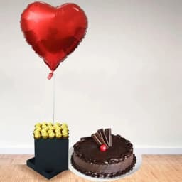 Awesome Ferrero Rocher n Heart Shape Balloon in Black Box with Chocolate Cake 1