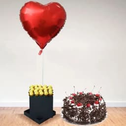 Splendid Ferrero Rocher n Heart Shape Balloon in Black Box with Black Forest Cake 1