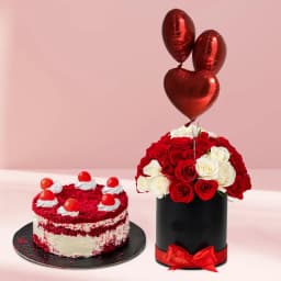 Fantastic Mixed Roses n Three Heart Shape Balloon in Black Box with Red Velvet Cake 1
