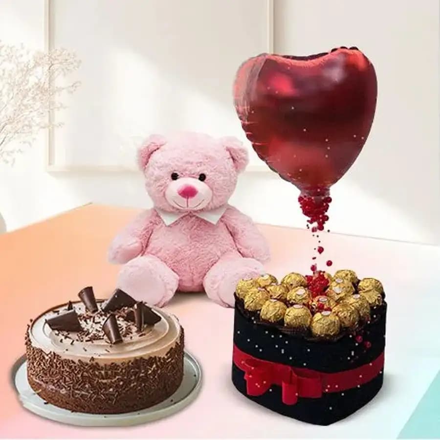 Yummy Ferrero Rocher n Love Balloon in Black Box with Chocolate Cake n Teddy