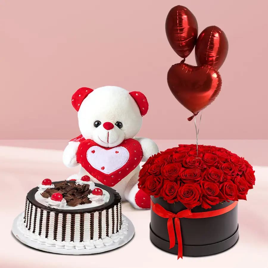 Lovely Red Roses n Heart Balloons in Black Box with Black Forest Cake n Teddy