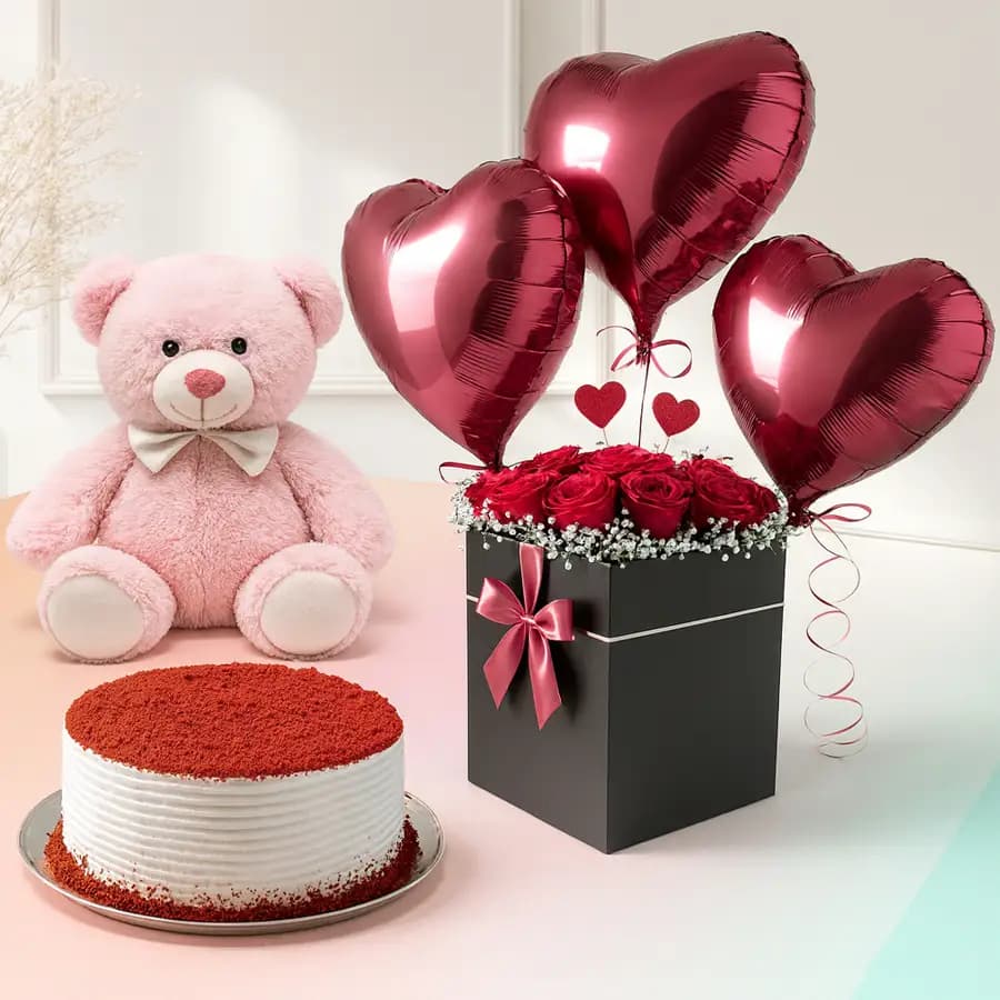 Spectacular Mixed Roses n Love Balloons in Black Box with Red Velvet Cake n Teddy