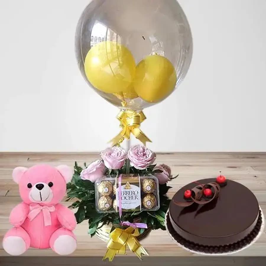 Lovely Pink Roses Rocher n Round Balloons Basket with Chocolate Cake n Teddy