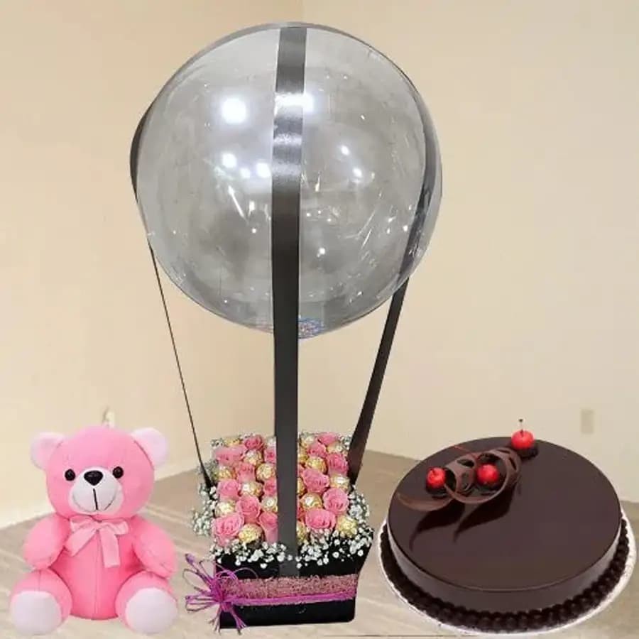 Lovely Pink Roses n Ferrero Rocher in Balloon Box with Chocolate Cake n Teddy