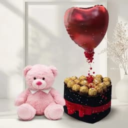 Delicious Ferrero Rocher n Heart Shape Balloon in Black Box with Teddy 1