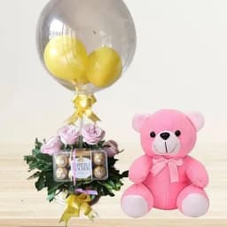 Awesome Pink Roses Ferrero Rocher n Round Balloons Basket with Love Teddy 1