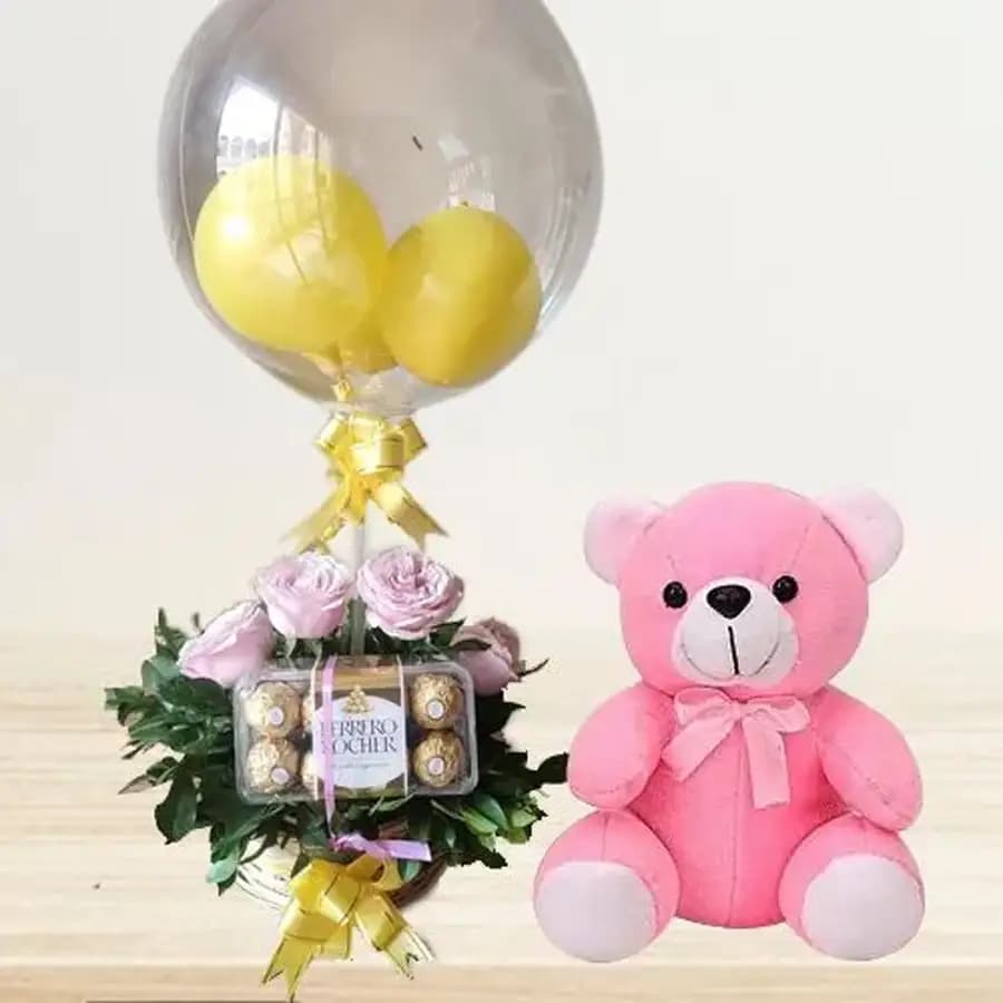 Awesome Pink Roses Ferrero Rocher n Round Balloons Basket with Love Teddy