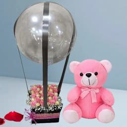 Expressive Pink Roses N Ferrero Rocher in Balloon Box with Lovable Teddy 1