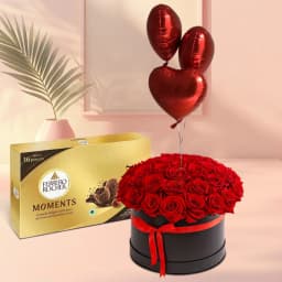 Gorgeous Display of Roses N Love Balloon in Black Box with Ferrero Moments 1