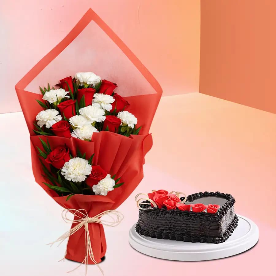 Dazzling Bouquet of Red Roses n White Carnation with Heart Shape Chocolate Cake