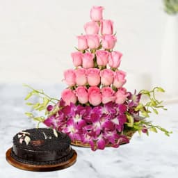 Wonderful Basket of Mixed Flowers with Chocolate Cake 1