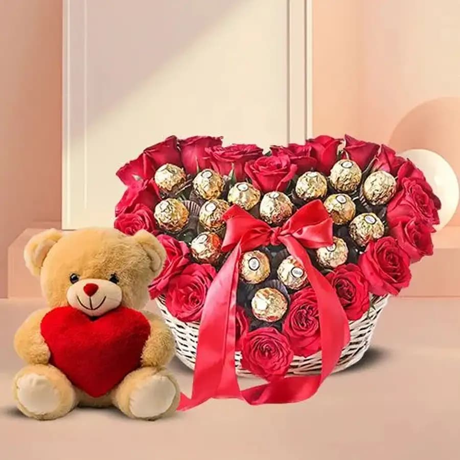 Admirable Basket full of Ferrero Rocher n Red Roses with a Love Teddy