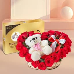 Beautifying Teddy on Roses Heart Basket Arrangment with Ferrero Rocher Chocolates 1