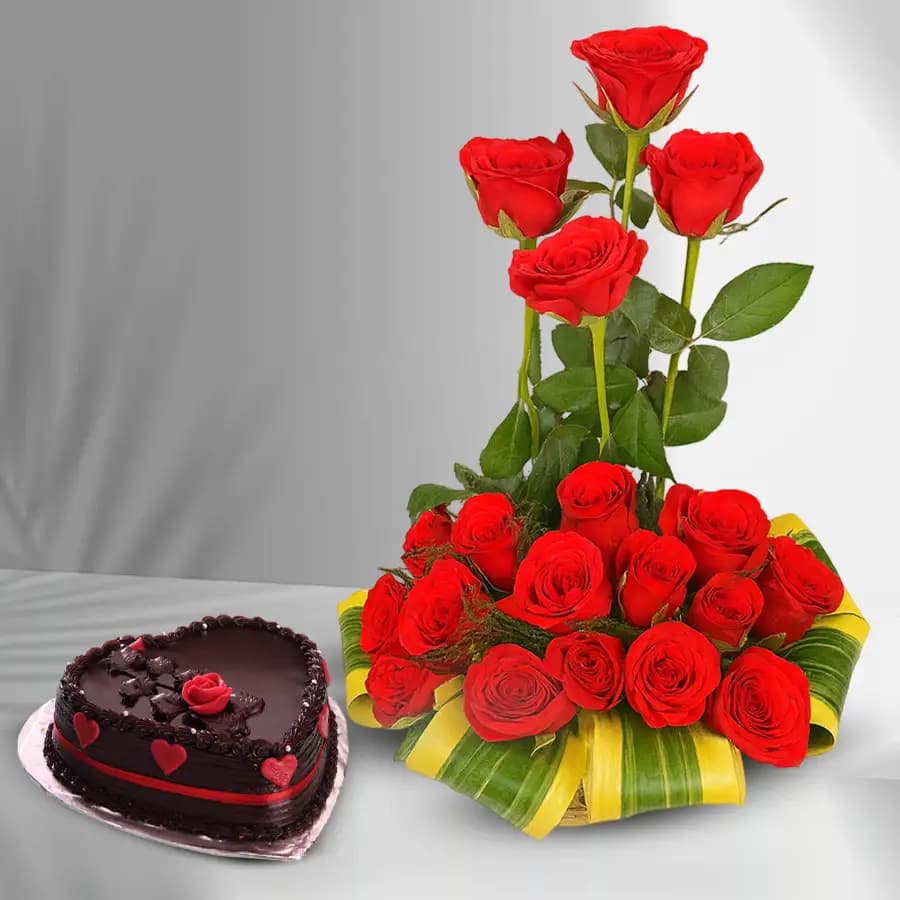 Fabulous 18 Dutch Rose Arrangement with Chocolate Cake