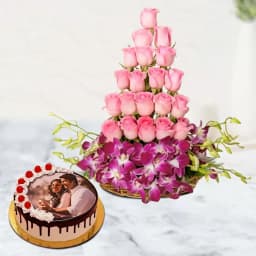 Fantastic Pink Roses n Purple Orchids in Basket with Photo Cake 1