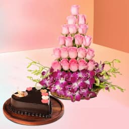 Gorgeous Mixed Flower Basket with Heart Shape Chocolate Cake 1