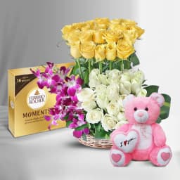 Admirable Assorted Flowers Basket with Ferrero Rocher Chocolates n 6in Teddy 1