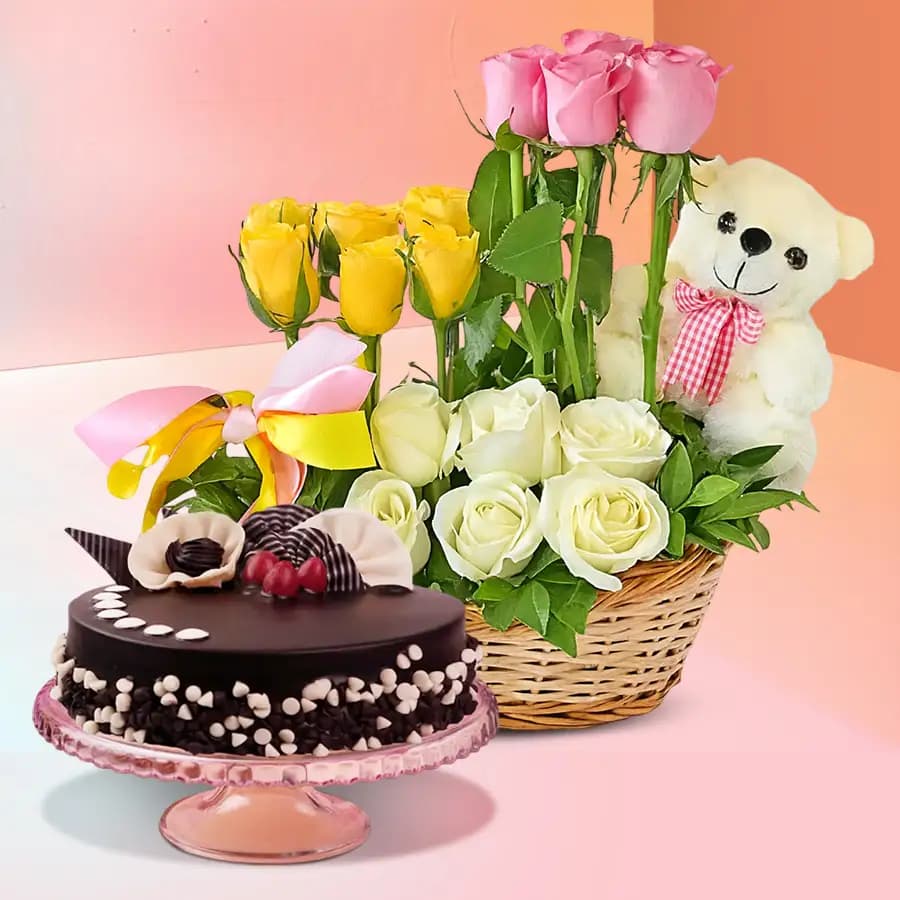 Admirable Arrangement of 18 Mixed Roses with 6in Teddy N 1lb Chocolate Cake