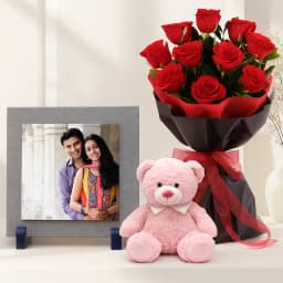 Dazzling Red Rose Bouquet with a Personalized Photo Tile and Teddy 1
