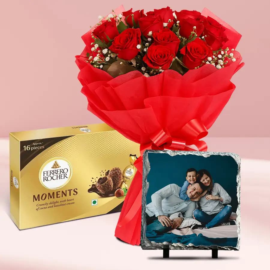 Appealing Red Rose Bouquet with Ferrero Rocher Chocolate n Photo Tile