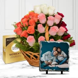 Exclusive Mixed Rose Arrangement with Ferrero Rocher Chocolates n Personalized Photo Tile 1