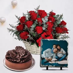 Fabulous Red Roses Arrangement with a Chocolate Cake n Photo Tile 1