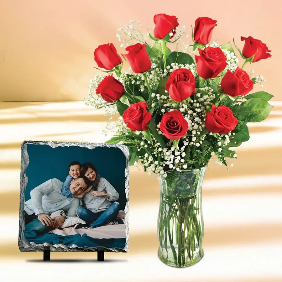 Classy Red Roses in Vase with a Personalized Photo Tile