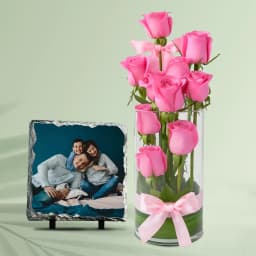 Classy Pink Roses in Vase with a Personalized Photo Tile 1