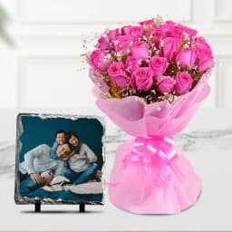 Pink Rose Bouquet with a square Personalized Photo Tile 1