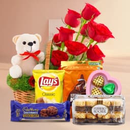 Exquisite Selection of Chocolates Cookies Chips in Floral Basket with Teddy 1