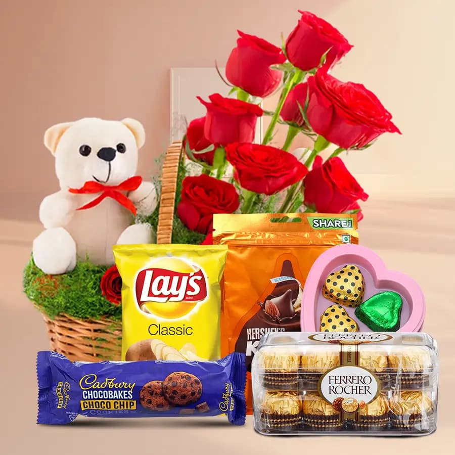 Exquisite Selection of Chocolates Cookies Chips in Floral Basket with Teddy