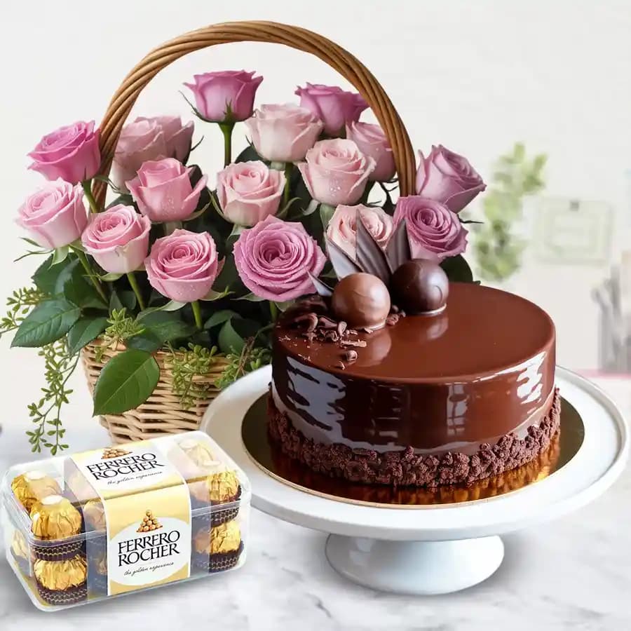 Elegant Pink Rose Surprise with Decadent Cake