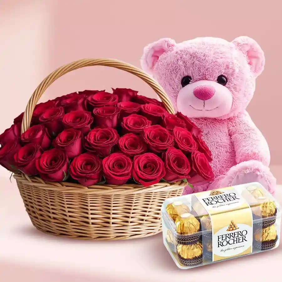 Romantic Roses with Cuddly Bear & Delights