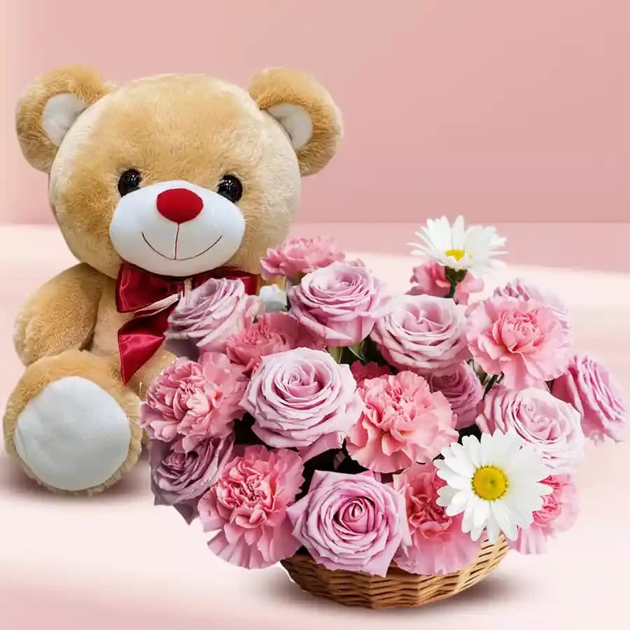 Charming Floral Delight with a Cream Bear